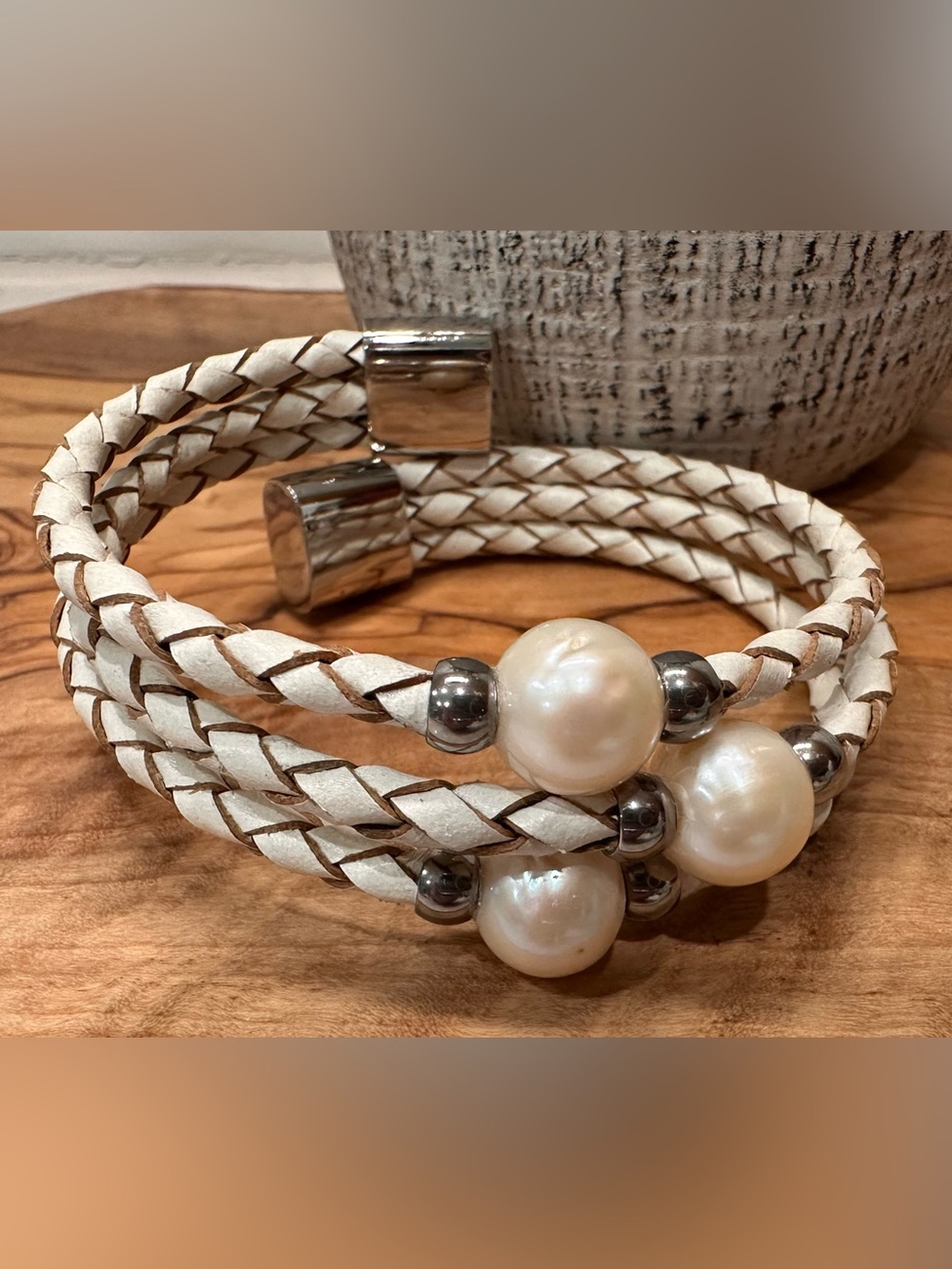 White Pearl Accent Braided Leather Wrap Bracelet - Unbranded